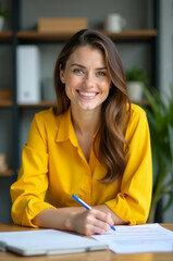 Poster - A woman sits at a desk with a notebook and pen, focused on her writing
