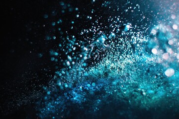 Aufkleber - Aqua Burst: An abstract image of vibrant teal water droplets exploding against a dark background, creating a dynamic and energetic visual effect.