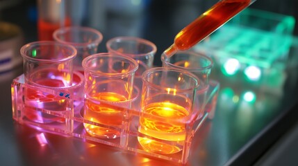 Poster - colorful liquids in laboratory beakers during a scientific experiment with pipette in use