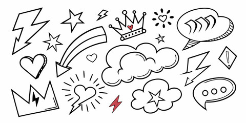 Poster - Line marker hand drawn brush arrow element set. Sketch pencil stroke vector graphic pen underline scribble icon. Hand drawn line heart, crown, star symbol highlight marker shape. Vector illustration