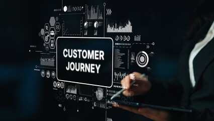 Poster - businesswoman engaging with digital interface representing customer journey analytics and data visua