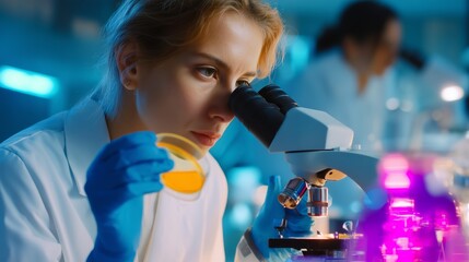 Poster - female scientist examining culture sample under microscope in modern laboratory setting