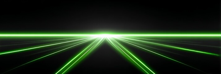 Poster - Abstract Green Light Trails Radiating - Symbolizing speed, technology, energy, innovation, and future. Green light streaks emanate from a central point on a black background