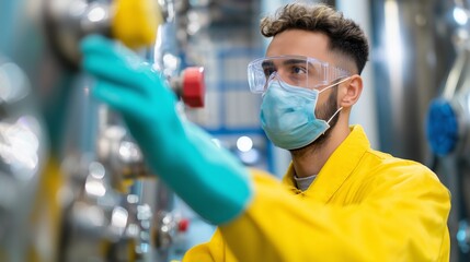Poster - Worker in protective gear operating machinery in industrial facility during the day shift