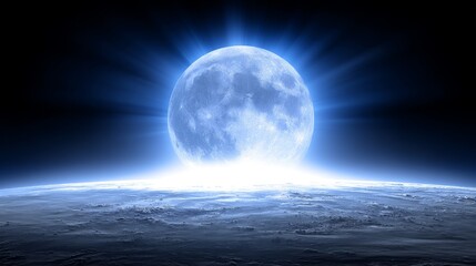 Wall Mural - celestial rise: lunar glow over distant planet - a radiant blue moon rises majestically over an alie