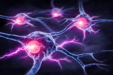 Poster - Neural Network Connections - Microscopic view of neural network connections firing, glowing pink and purple in a dark background