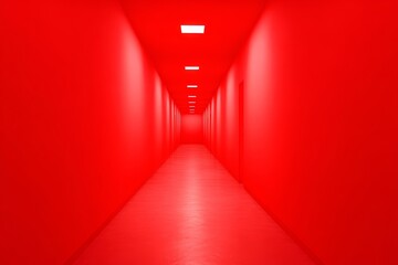 Poster - Red Corridor Interior Design - A long red hallway with evenly spaced doors and bright ceiling lights. Minimalist and modern interior design