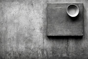 Poster - Stone Slab and Small Bowl - A small, empty bowl rests on a square stone slab against a textured gray background. Simple, minimalist still life