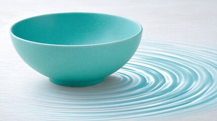 Poster - Teal Bowl and Water Ripples - Serenity, reflection, minimalism, purity, tranquility. A teal bowl sits beside water ripples, symbolizing peace and calm
