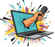 © john - Black and white hand extends a microphone from a laptop monitor.