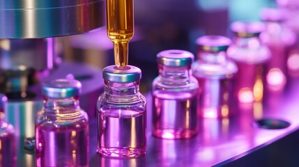 Poster - vials being filled with colorful liquid in a laboratory setting during a cutting-edge pharmaceutical