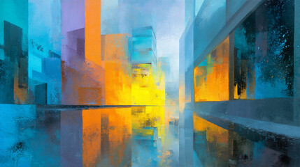Poster - Abstract cityscape painting with vibrant colors and geometric shapes in an urban environment