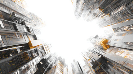 Poster - Worm's eye view of futuristic buildings with bright white sky and metallic and gold accents around windows
