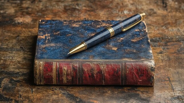 Aged book with blue and red cover topped with a pen sits on wood