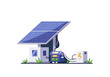 © Vector Factory - A modern illustration depicts a solar panel array powering a battery storage unit. Clean lines and a dark background highlight the green energy concept. Suitable for commercial use.