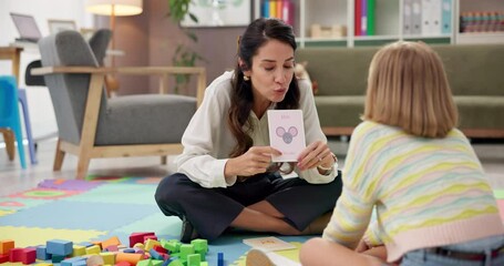 Poster - Learn, psychology and speech therapy for child, help or mouse card for language development. Kid, woman and counseling session in office for pronunciation, phonics education or teach girl with autism