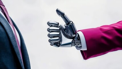 Poster - A robotic hand reaches out to connect with a human in a suit, symbolizing the merging of technology and humanity.