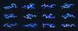 © Ukio.stock - Electric thunderbolt strike. Glowing blue lightning bolt effects. Dynamic energy sparks, plasma flashes, power charge. Fantasy, sci fi magic for games, animations. Vector set