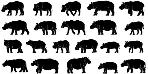 Poster - Collection of hippopotamus silhouettes in various poses for creative designs and illustrations