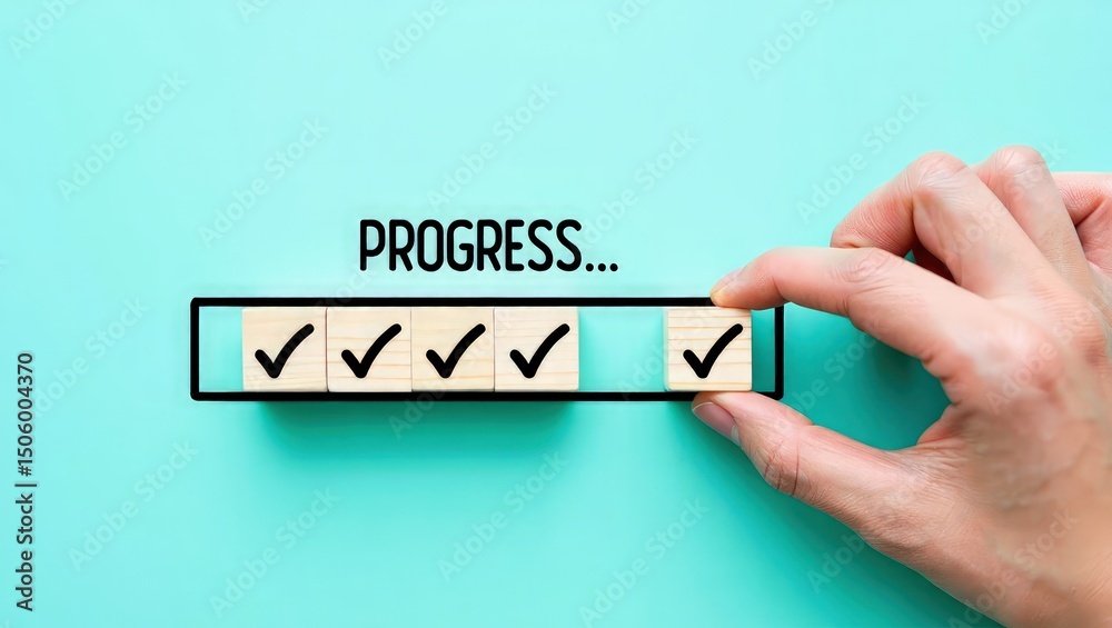 In Progress Task Image Checklist and task progress tracking concept. A hand placing the final ...