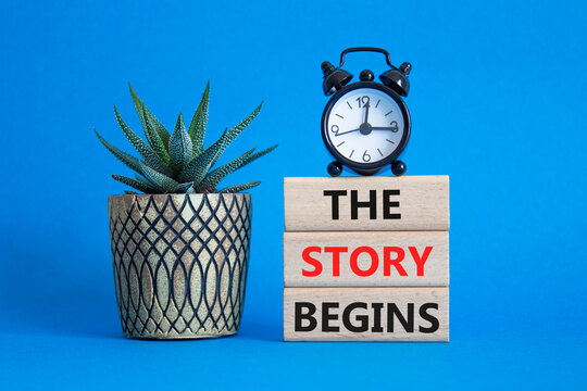 The Store Begins symbol. Concept words The Store Begins on wooden blocks. Beautiful blue background with alarm clock and succulent plant. Business and The Store Begins concept. Copy space