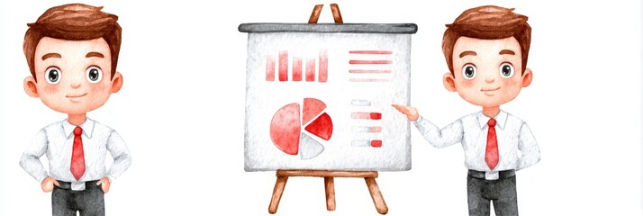 Poster - Young Businessman Presenting Charts Watercolor Clipart - A cute cartoon businessman presents data on a flip chart, symbolizing business, finance, planning, presentation, and success. Watercolor