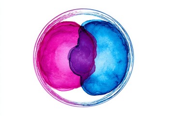 Poster - Abstract Ink Circles Fusion - Two vibrant ink circles, pink and blue, merge creating an abstract design. Perfect for backgrounds or design projects