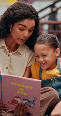 Poster - Smile, teacher and child with book in library for knowledge, fantasy story and language development. Woman, kid and help with creative novel for learning support, storytelling and reading information