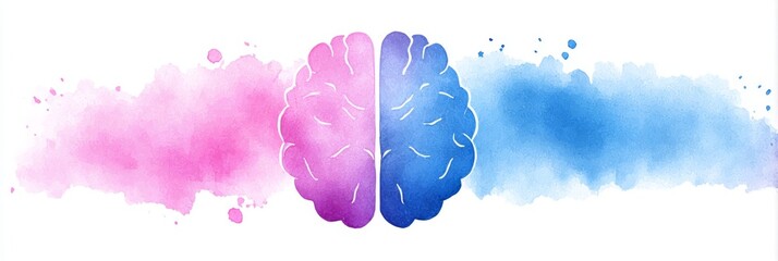 Poster - human brain watercolor illustration - watercolor illustration of a human brain divided into two hemi