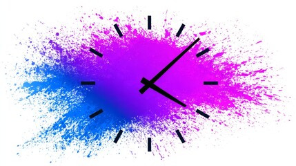 Poster - Watercolor Clock Splash - Abstract art depicting a clock emerging from a vibrant watercolor explosion, symbolizing time, creativity, energy, movement, and freedom