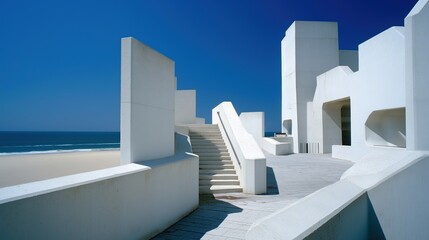 Poster - Modernist concrete structure with geometric shadows overlooking a calm ocean under clear blue sky