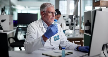Poster - Sample, computer and scientist with DNA in laboratory for discovery, study or project with research. RNA, science and mature male biologist with tubes for medical pathology for pharmaceutical vaccine