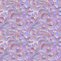 Poster - Pearlescent holographic seamless pattern with ornate swirling floral design