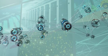 Poster - Glassy spheres initiating rods linking into mesh network with rings and particles showing data flow