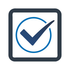 Poster - Blue check mark in square icon with circular border in modern style  