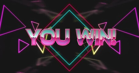 Poster - Pink wireframe sparking YOU WIN! text filling while neon shapes sliding pulsing celebrating win