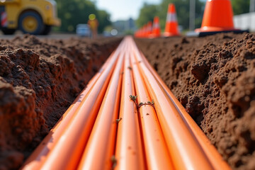 underground cable installation showing orange conduit pipes in freshly dug trench. new fiber optic c