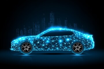 Poster - city car network - futuristic car design, city skyline backdrop, network, technological advancement,