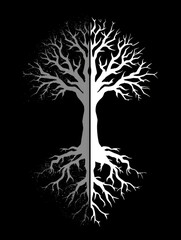 Poster - Divided Roots Tree Graphic - Symbolic representation of duality, balance, nature, growth, and contrast. A stark, impactful visual