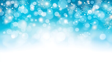 Poster - Festive Blue Bokeh Background - Sparkling bokeh lights and fireworks on a bright blue and white gradient background. Symbolizing celebration, joy, magic, light, and hope