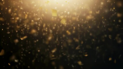 Poster - Gold confetti falling in a loop on a black background with glittering festive particles