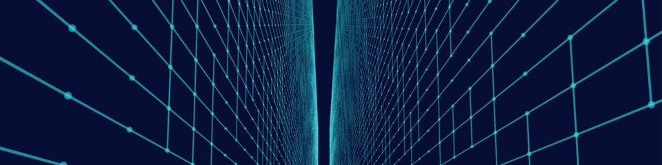 Fototapete - Futuristic colorful perspective grid. Abstract wireframe with blue grid on dark background. Virtual landscape in digital style of 80s 90s. Simple perspective grid for design. 3D vector illustration.