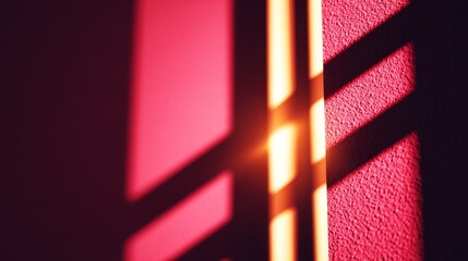 Poster - Abstract Light and Shadow Play on Crimson Wall - Light streams through a window, casting abstract shadows and warm light onto a textured crimson wall. Symbolizing: hope, warmth, mystery, tranquility