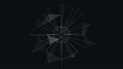 Poster - Abstract geometric sphere design with a spiral of triangles and scattered dots, artistically arranged in a bright layout on a dark background. vector