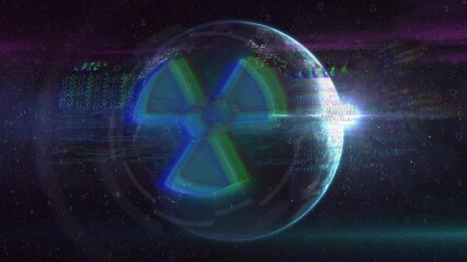 Poster - Fading in teal holographic radiation symbol over rotating Earth displaying data for monitoring