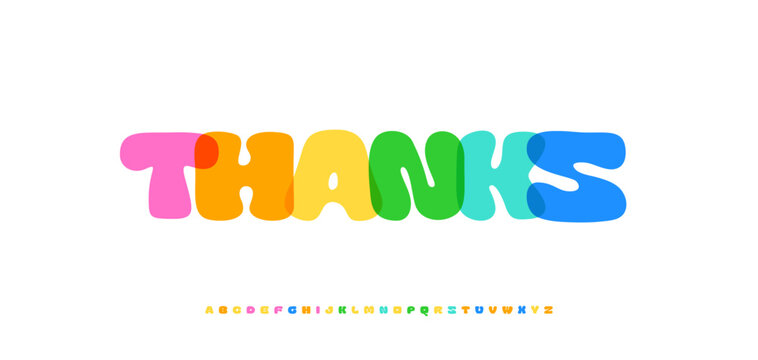 Thanks bright text with overlapping colorful letters, thank you lettering for greeting cards, subscribers posts, headlines, logo and banners. Bold heavy typographic design. Vector illustration.