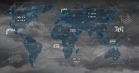 Poster - On start digital world map materializing, popping warning triangles, hex clusters visualizing data