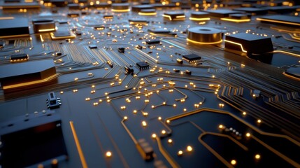 Poster - Close-up view of a circuit board featuring illuminated components and detailed pathways. The bright lights create a vibrant and complex design, showcasing advanced technology