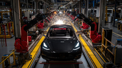 Poster - A black car is being built in a factory