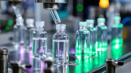 Poster - bottling process in a pharmaceutical facility with automated machinery at work during daytime